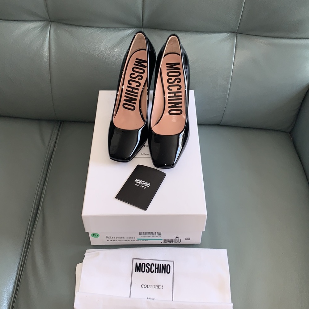 Moschino Patent Leather Crystal Logo Pumps - Picture 2 of 11
